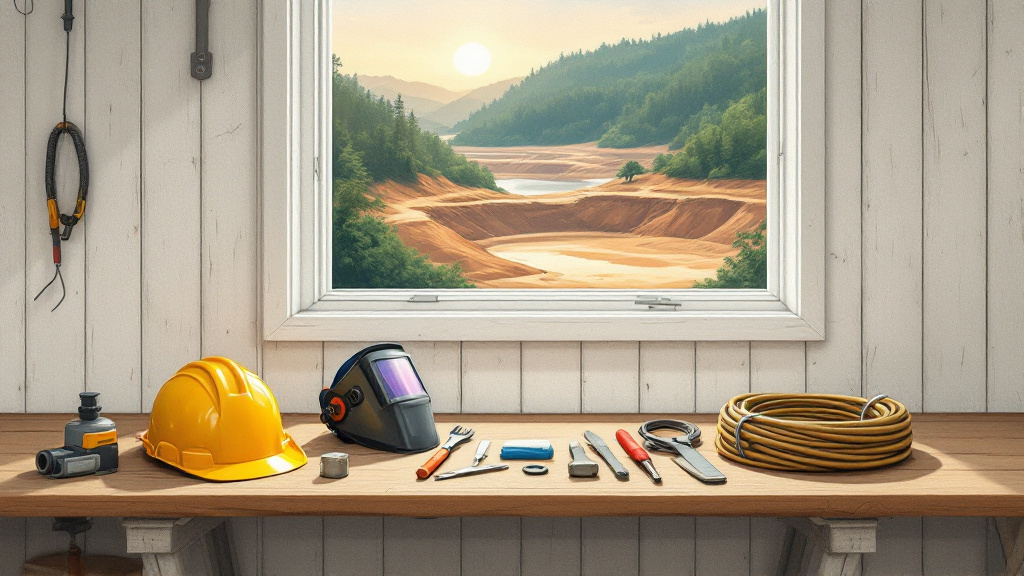 Hard hat and tools on a workbench in a wooden training building, overlooking a river and a rainforest-edged gold mine site.